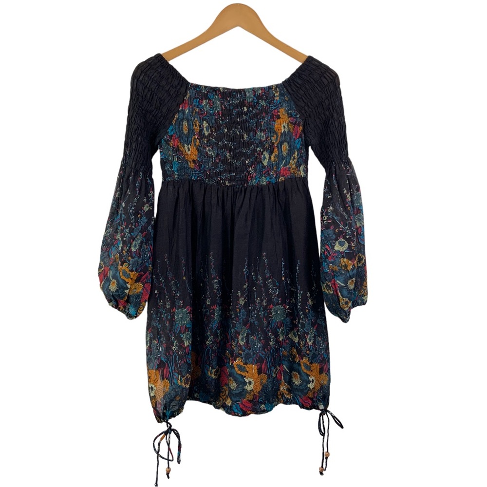 URBAN NOMAD Boho Black Floral Baby Doll Dress Smocked Dress Hippie Chic Small L9
